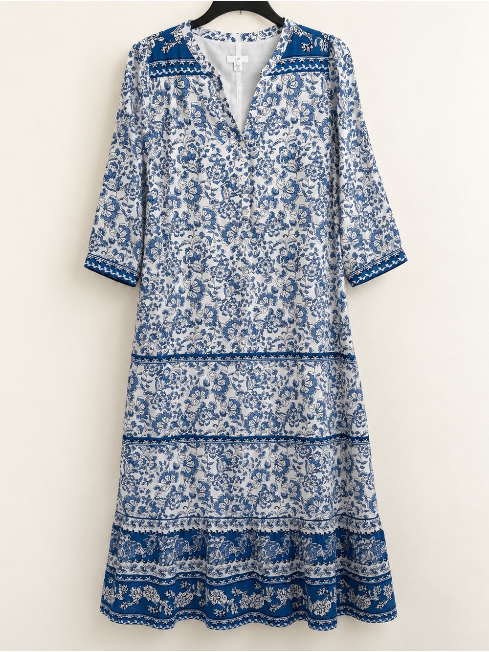 J.Jill Petite S 100% Cotton Blue White Floral Border Print Maxi Dress Boho Lined